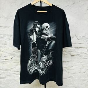 Ride Or Die Skeleton & Biker Babe T Shirt Skull Goth Gonzales Black Tee